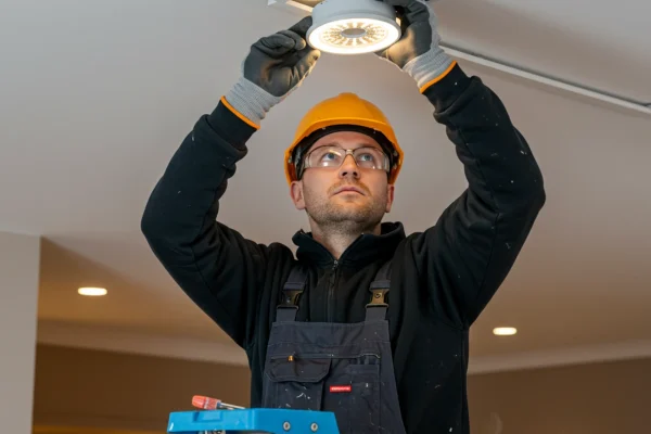 Electricista en una escalera instalando una lámpara LED en un techo blanco, usando un destornillador y guantes. Electricista en una escalera instalando una lámpara LED en un techo blanco, usando un destornillador y guantes.
