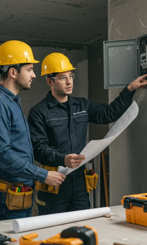 Un técnico electricista profesional con uniforme y casco de seguridad, explicándole a un cliente los detalles de una instalación eléctrica. Un técnico electricista profesional con uniforme y casco de seguridad, explicándole a un cliente los detalles de una instalación eléctrica.